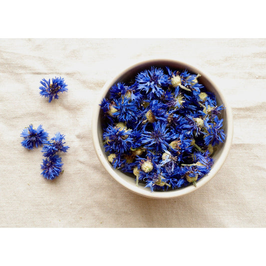 Organic Corn flower or bachelor's buttons on a cloth in a bowl