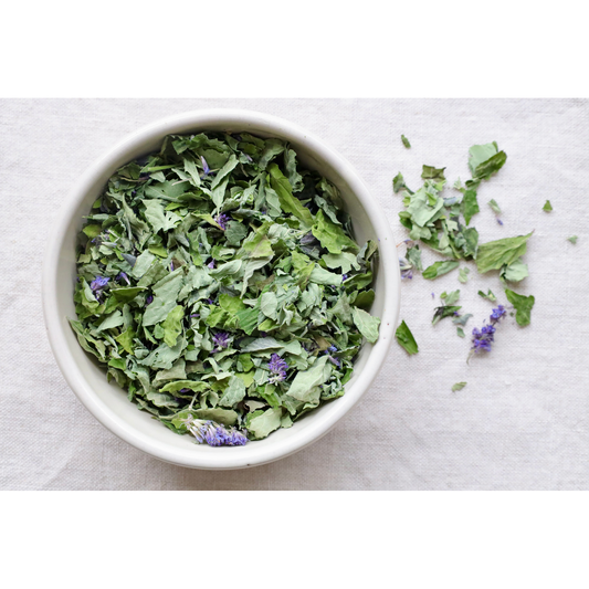 Organic Anise Hyssop on display in bowl and on cloth