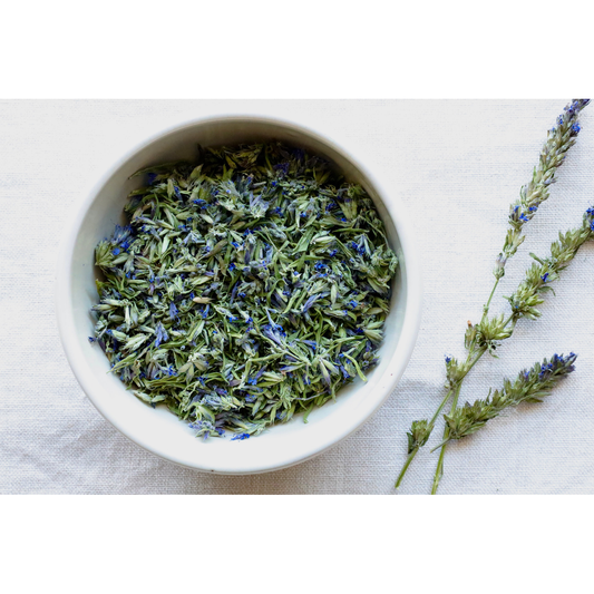 Picture of vibrant Organic hyssop in bowl and displayed on cloth