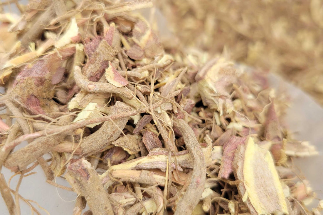 Chopped dried root on our drying screens at La Ferme À Ciel Sur Mer