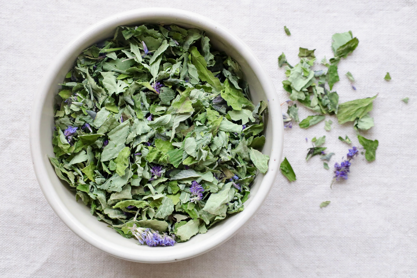 Organic Anise Hyssop on display in bowl and on cloth